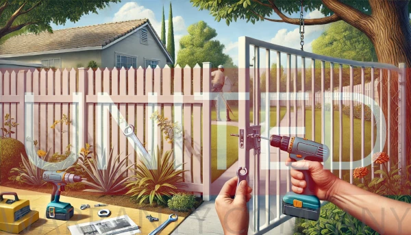 A realistic illustration depicting a lawn care crew accidentally damaging a newly installed aluminum fence.