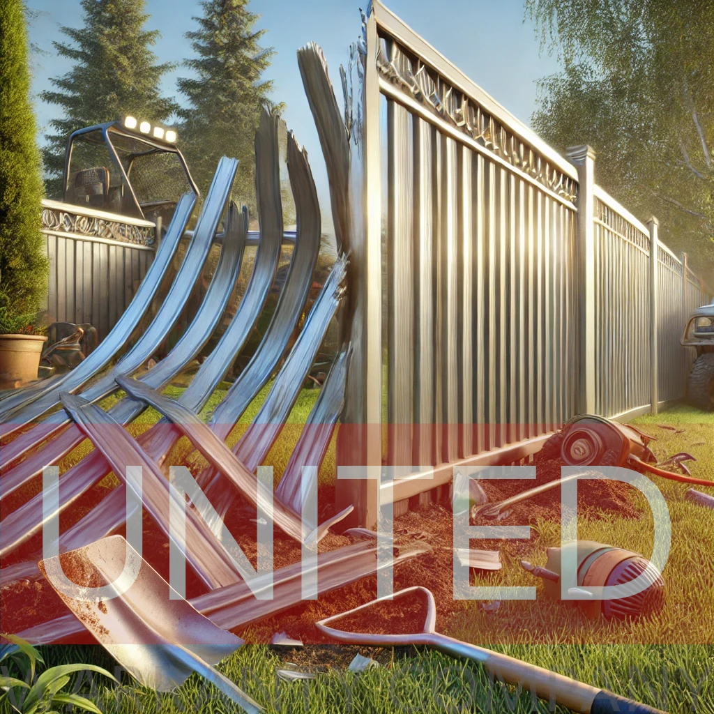A realistic illustration depicting a negligence of a newly installed aluminum fence.